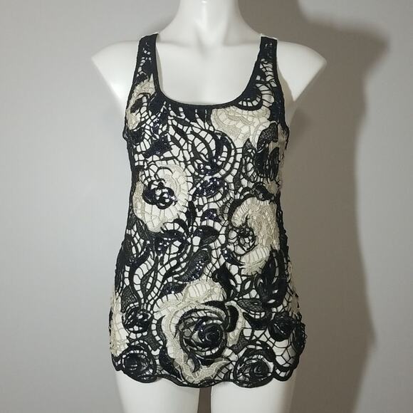 Express Black and Cream Sequin Lace Tank Top - Picture 1 of 8